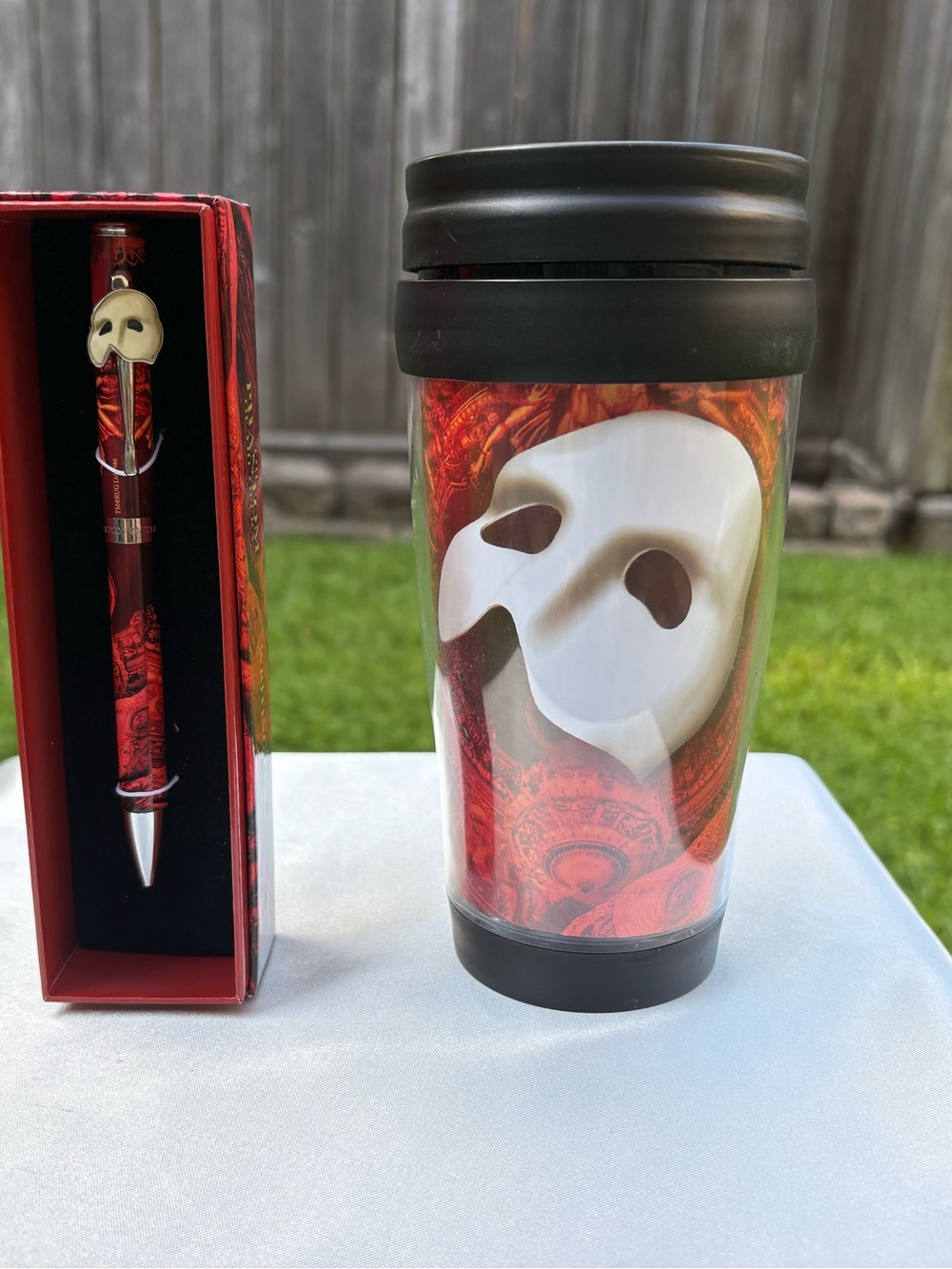 Rare find. Collectible pen & tumbler Phantom of the Opera from Broadway Show.